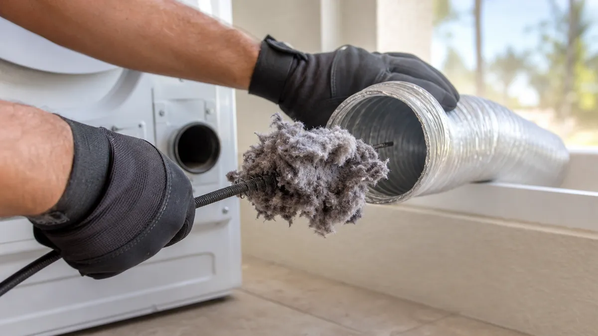 Lint-clogged dryer vent duct next to a clean air duct, illustrating two different systems